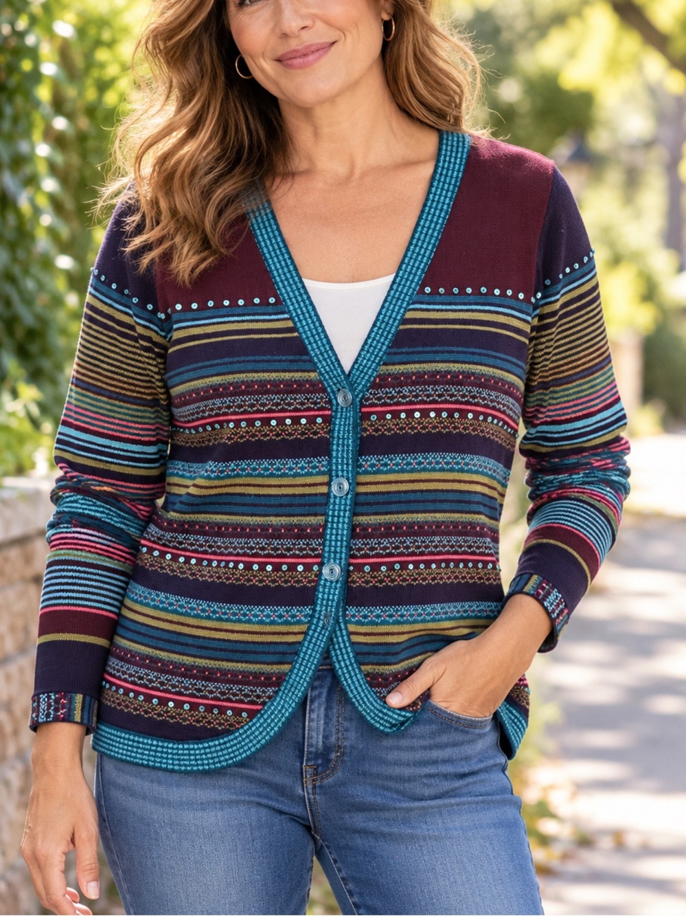 Christopher & Banks Hand Beaded Striped Cardigan Sweater Women’s M Boho